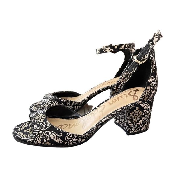 Sam Edelman Susie Black Metallic Jacquard Pattern Ankle Strap Heels Size 10 - Picture 2 of 7
